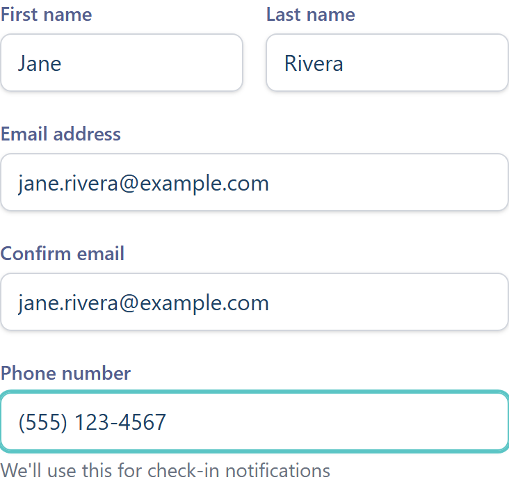 Creating your PleaseCheckOnMe account with your name, email, and phone number