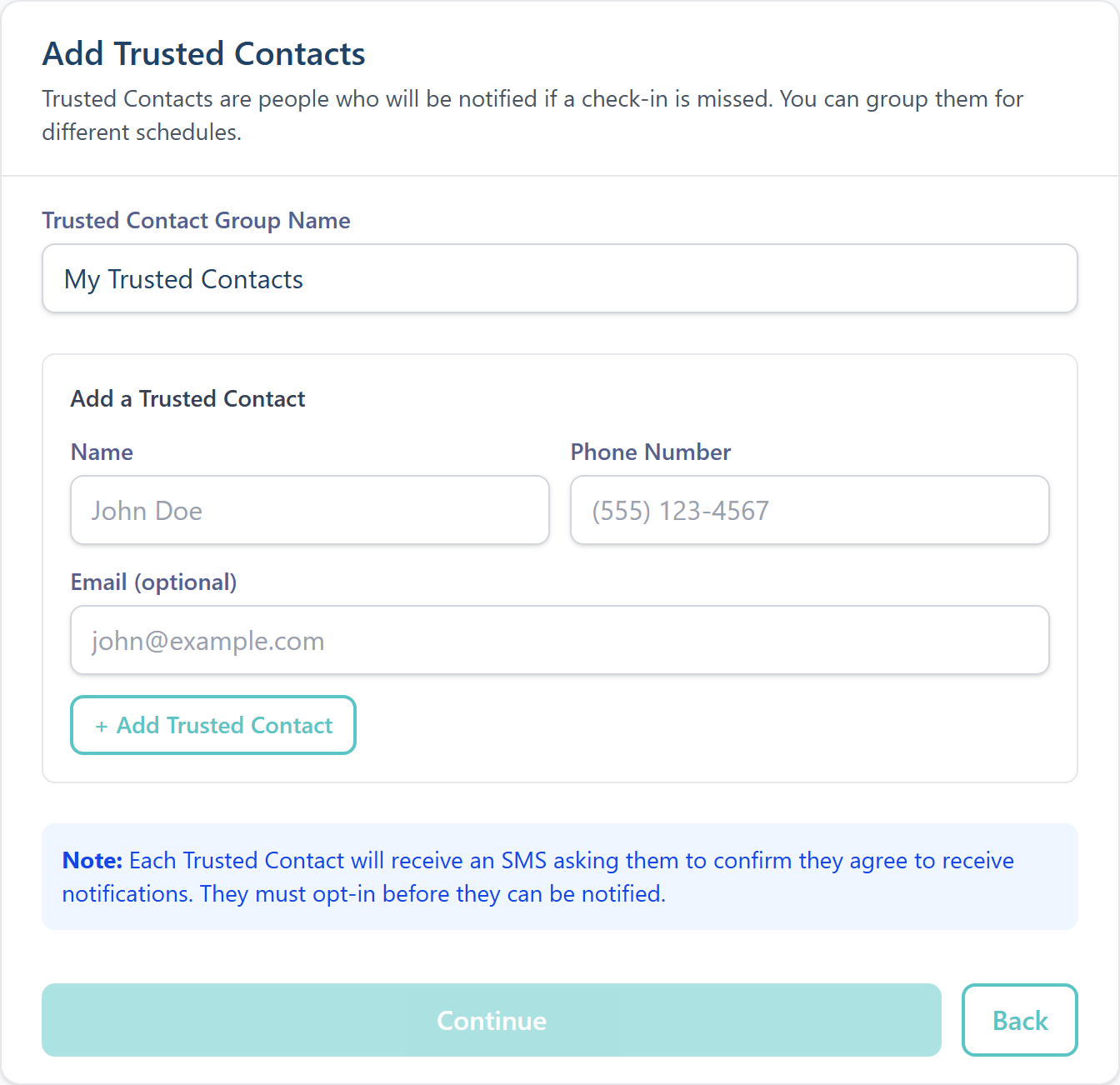 Adding Trusted Contacts to a group who will be notified if a check-in is missed