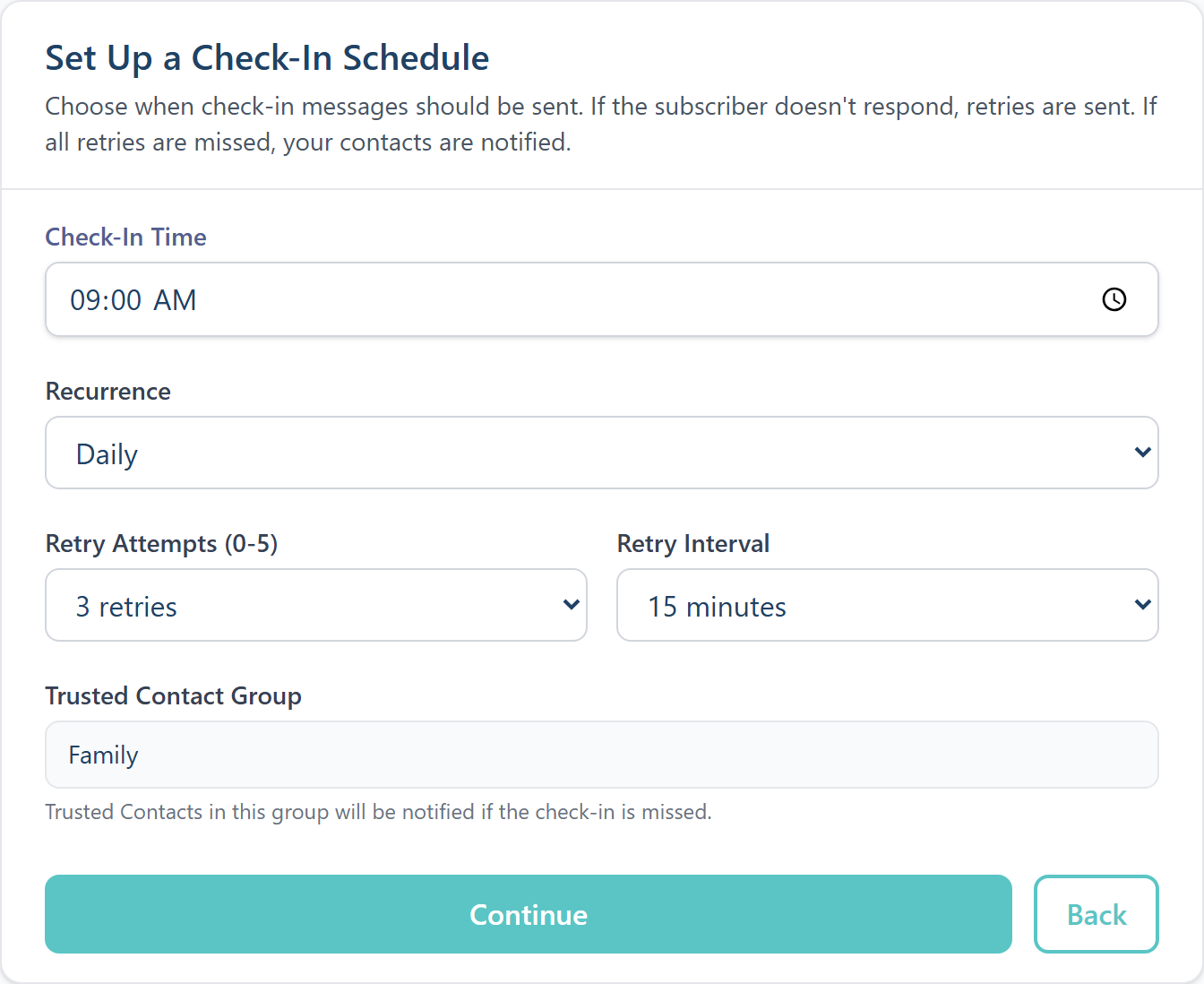 Setting up a check-in schedule with time, recurrence, and retry attempts